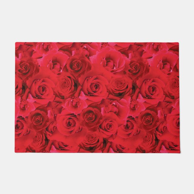 Red Roses Repeating Floral Pattern Doormat (Front)