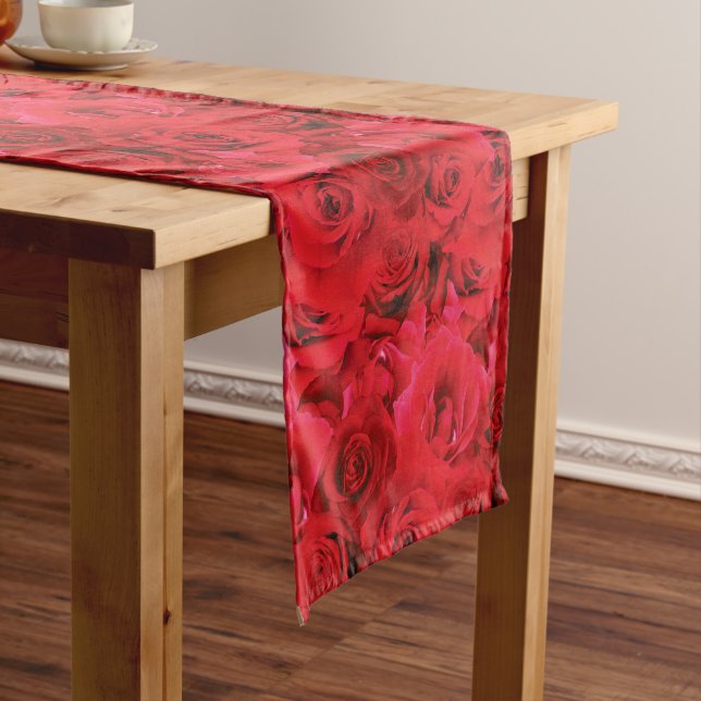 Red Roses Repeating Floral Pattern Short Table Runner (In Situ)