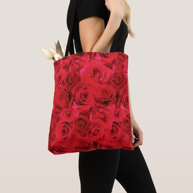 Red Roses Repeating Floral Pattern Tote Bag (Close Up)