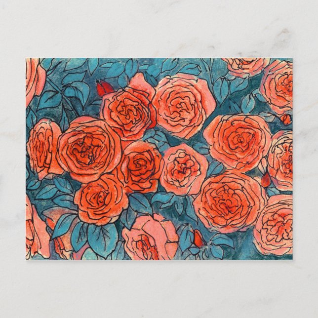 Red Roses, Rose Garden, Life Sketch Ink Pastels Postcard (Front)