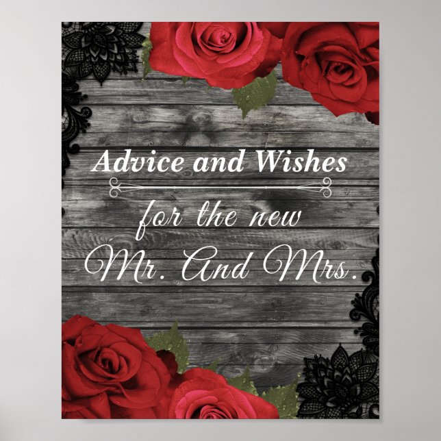 Red Roses Rustic Black Lace Wedding Advice Wishes  Poster (Front)