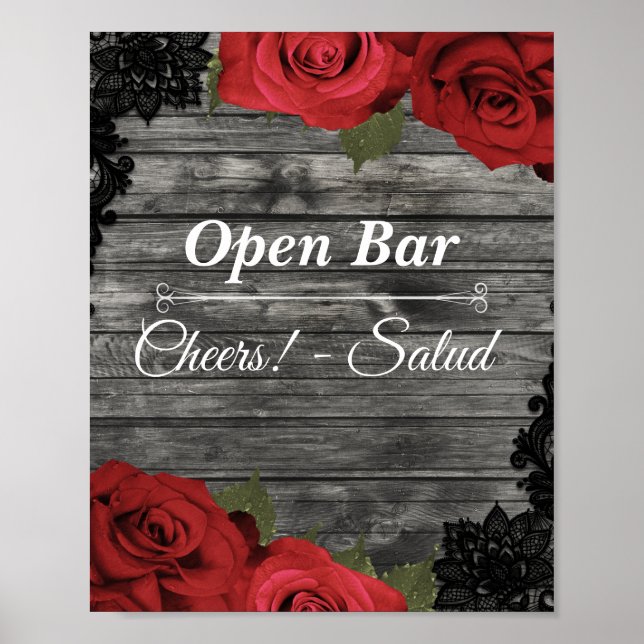 Red Roses Rustic Black Lace Wedding Open Bar Sign (Front)