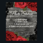 Red Roses Rustic Black Lace Wedding Photo Station Poster<br><div class="desc">Cards and Gifts Wedding Table Sign</div>