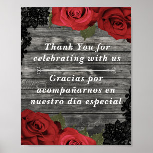 Red Roses Rustic Black Lace Wedding Table Sign