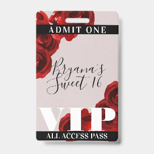 Red Roses Rustic Chic Sweet 16 VIP Pass Badge