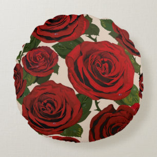 Red roses. Seamless floral background. Round Pillow