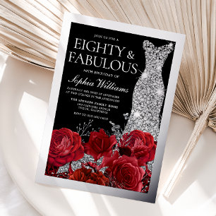 Red Roses & Silver Foil Black 80th Birthday