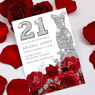 Red Roses & Silver Gown 21st Birthday Party Invitation