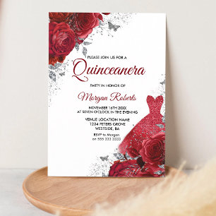 Red Roses Silver Gown Quinceanera Invitation