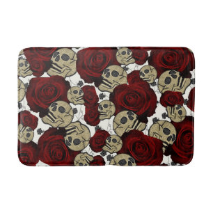 Red Roses & Skulls Black Floral Gothic White Bath Mat
