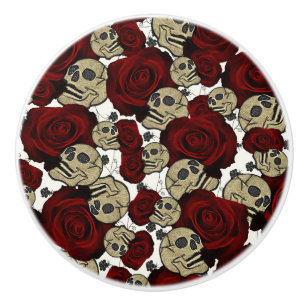 Red Roses & Skulls Black Floral Gothic White Ceramic Knob