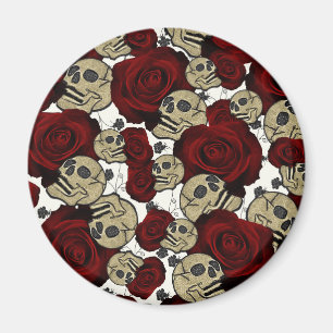 Red Roses & Skulls Black Floral Gothic White Magnet