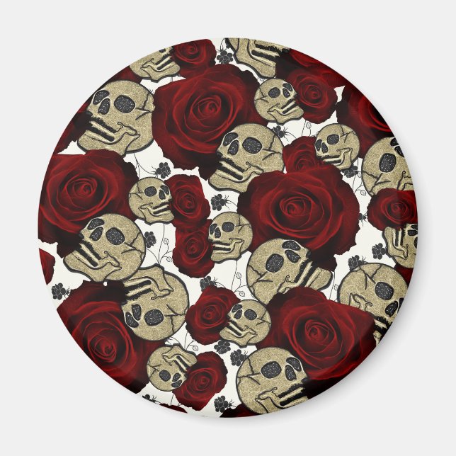 Red Roses & Skulls Black Floral Gothic White Magnet (Front)