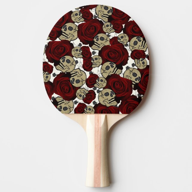 Red Roses & Skulls Black Floral Gothic White Ping Pong Paddle (Front)