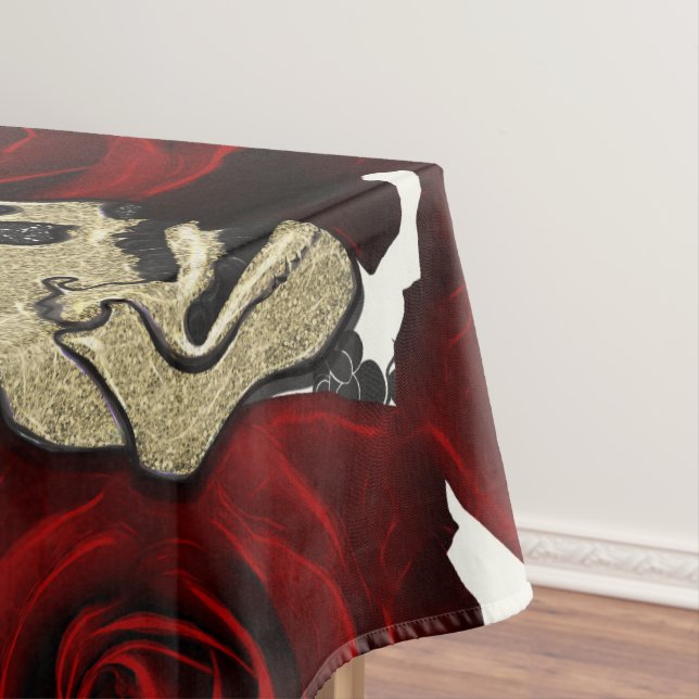 Red Roses & Skulls Black Floral Gothic White Tablecloth (In Situ)