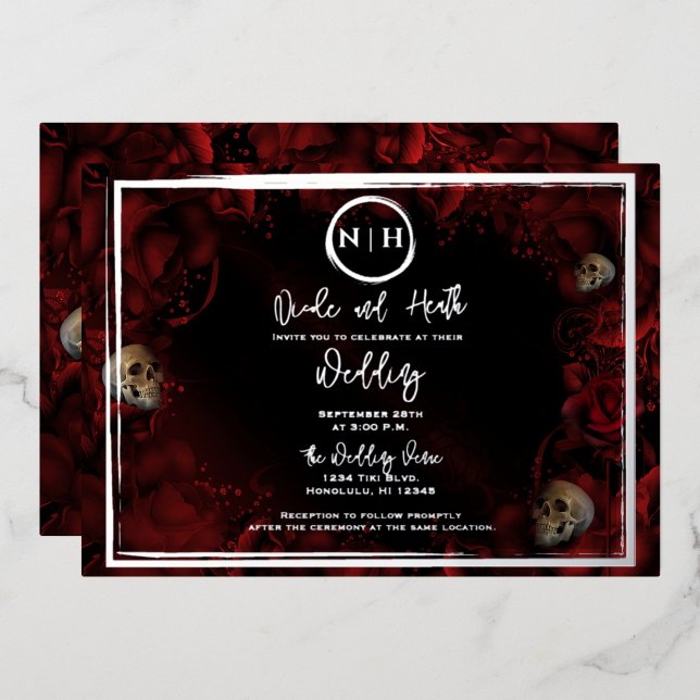 Red Roses Skulls Dark Floral Wedding Photo Silver (Front/Back)