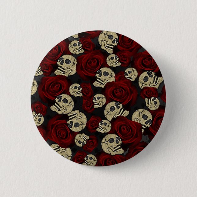 Red Roses & Skulls Grey Black Floral Gothic 2 Inch Round Button (Front)