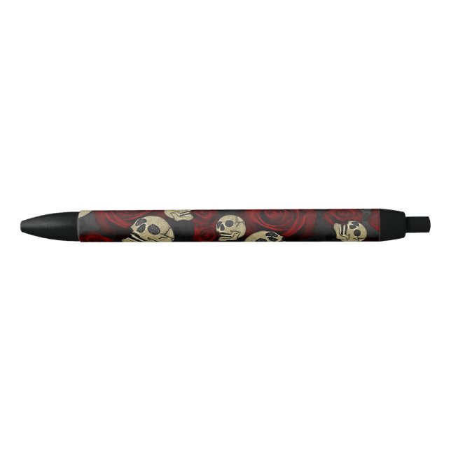 Red Roses & Skulls Grey Black Floral Gothic Black Ink Pen (Front)