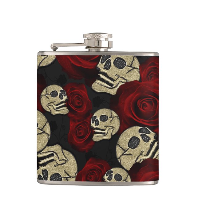 Red Roses & Skulls Grey Black Floral Gothic Hip Flask (Front)