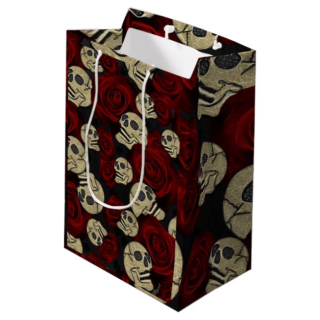 Red Roses & Skulls Grey Black Floral Gothic Medium Gift Bag (Back Angled)