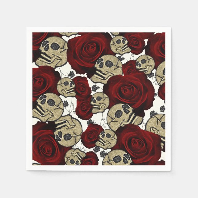 Red Roses & Skulls Grey Black Floral Gothic Napkin (Front)