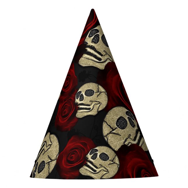 Red Roses & Skulls Grey Black Floral Gothic Party Hat (Front)