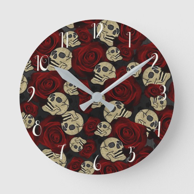 Red Roses & Skulls Grey Black Floral Gothic Round Clock (Front)