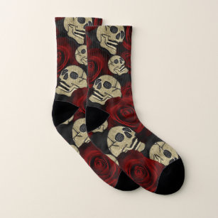 Red Roses & Skulls Grey Black Floral Gothic Socks