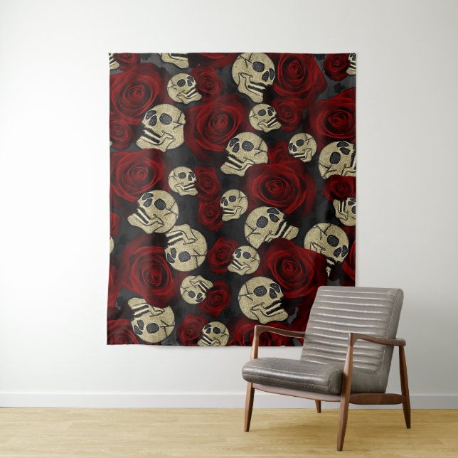 Red Roses & Skulls Grey Black Floral Gothic Tapestry (In Situ)