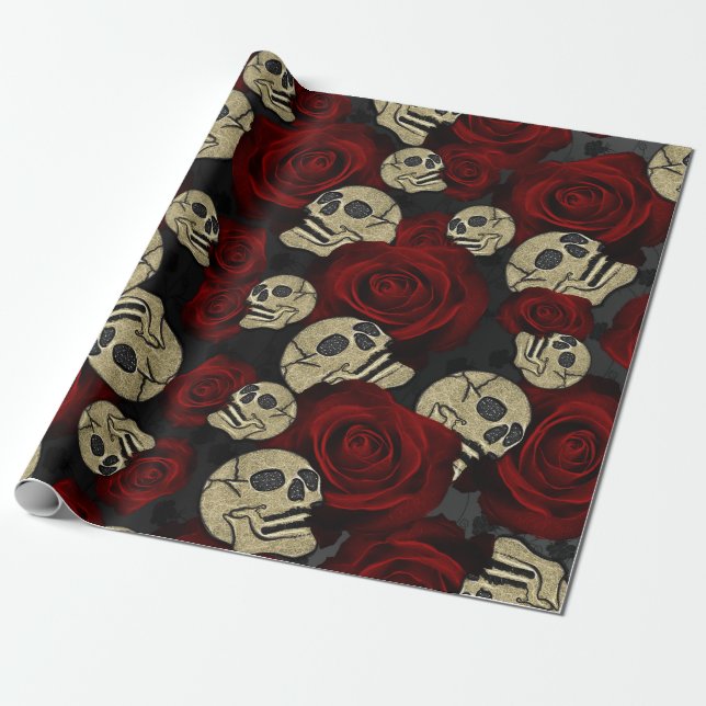 Red Roses & Skulls Grey Black Floral Gothic Wrapping Paper (Unrolled)
