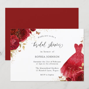 Red Roses Sparkle Dress Gold Bridal Shower Invitation