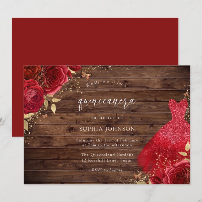 Red Roses Sparkle Dress Rustic Quinceanera Party Invitation (Front/Back)