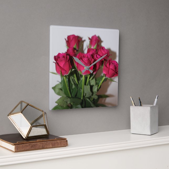 Red roses square wall clock (Office)
