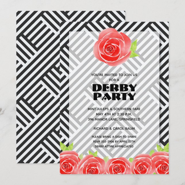 Red Roses Stripes Derby Party Invitation (Front/Back)