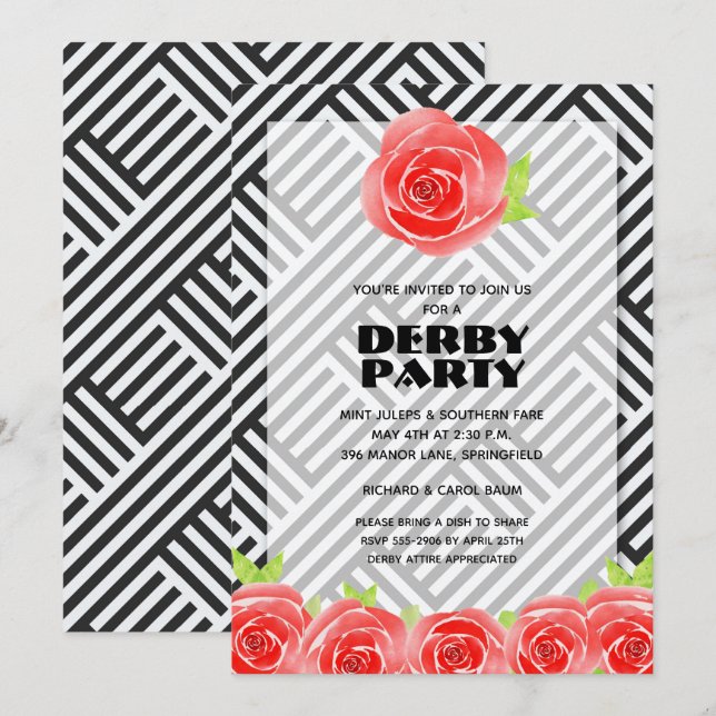 Red Roses Stripes Derby Party Invitations (Front/Back)