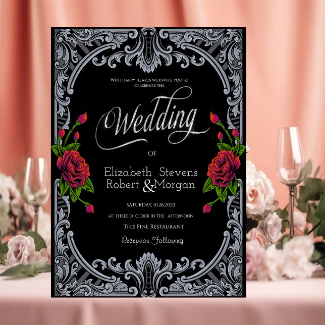  Red Roses,Stripes Gothic Wedding Invitation (Creator Uploaded)