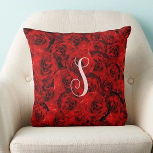 Red Roses Stylish Custom Monogram Throw Pillow