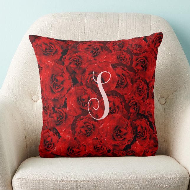 Red Roses Stylish Custom Monogram Throw Pillow (Creator Uploaded)