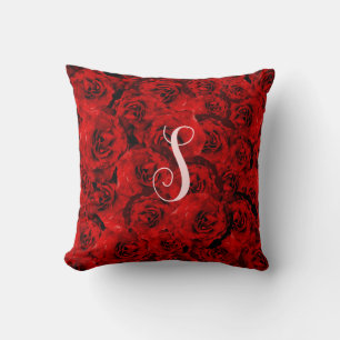 Red Roses Stylish Custom Monogram Throw Pillow