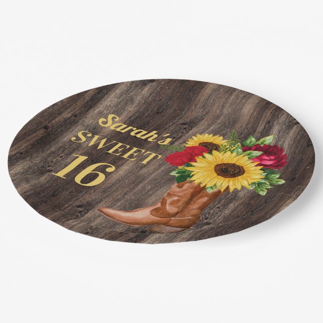 Red Roses Sunflowers Cowboy Boots Sweet 16   Paper Plate (Angled)
