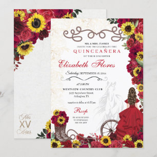 Red Roses Sunflowers Cowgirl Western Quinceanera Invitation