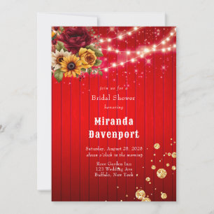 Red roses sunflowers light glitter bridal shower invitation