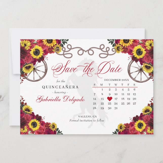 Red Roses Sunflowers Quinceañera Save The Date Invitation (Front)