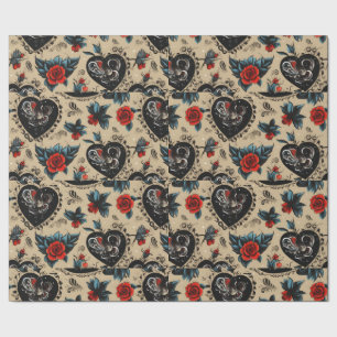 Red Roses Tattoo Hearts Digital Theme Wrapping Paper
