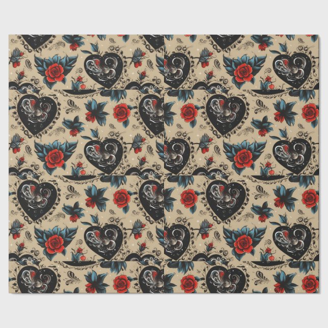 Red Roses Tattoo Hearts Digital Theme Wrapping Paper (Seam)