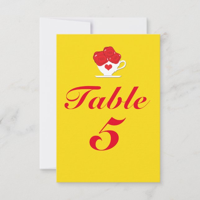 Red Roses Tea Cup Jaune Party Table Numéro Carte (Devant)