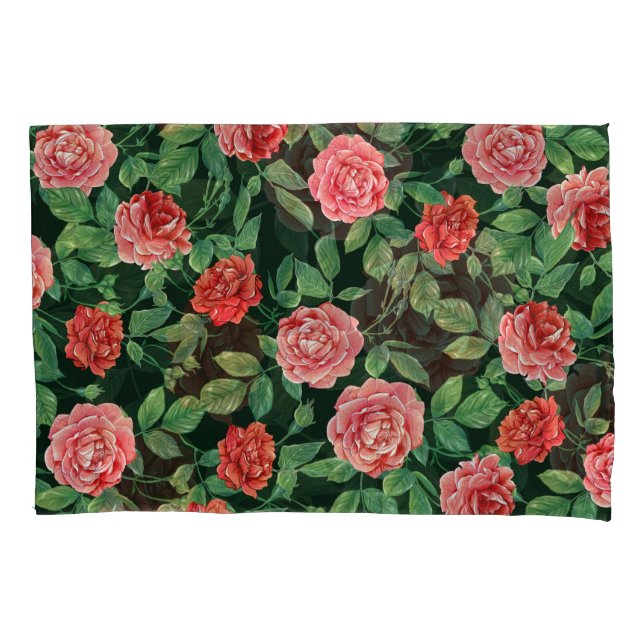 Red Roses Vintage Black Pattern Pillowcase (Front)