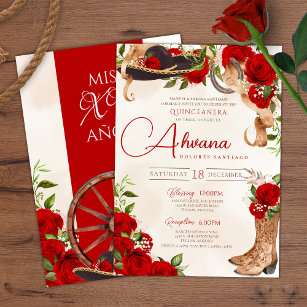 Red Roses Vintage Charro Western Quinceanera Invitation