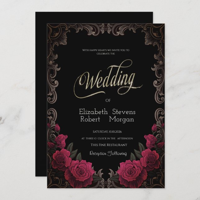 Red Roses Vintage Frame Gothic Wedding Invitation (Front/Back)