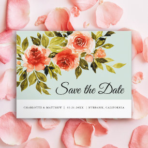 Red Roses Watercolor Botanical Save The Date Announcement Postcard